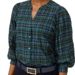 NWT J. McLaughlin Green &‎ Blue Plaid Women's Cotton Button Down Top, Sz XS